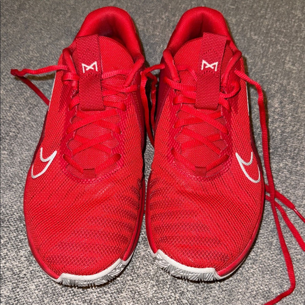 Nike Red Athletic Metcon 9 Sneakers with White Swoosh